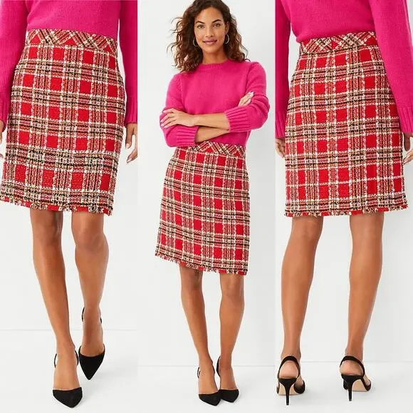 Ann Taylor Plaid Fringe Tweed Skirt Classic Red 578511 Sz 4 Top Of Knee NWOT - Picture 2 of 16